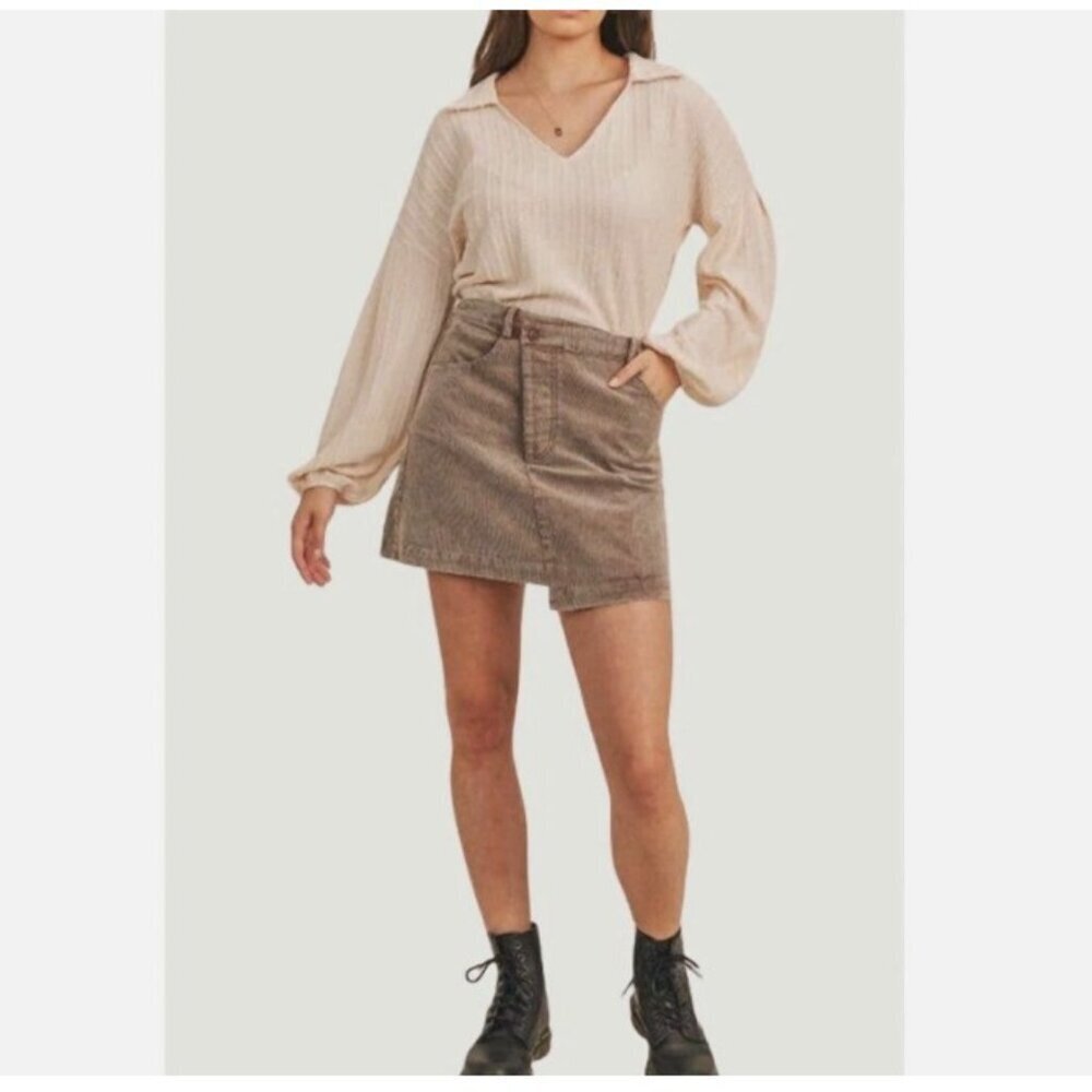 Sadie & Sage Brown Corduroy Criss-Cross Mini Skirt w/ Asymmetrical Hem - Size L